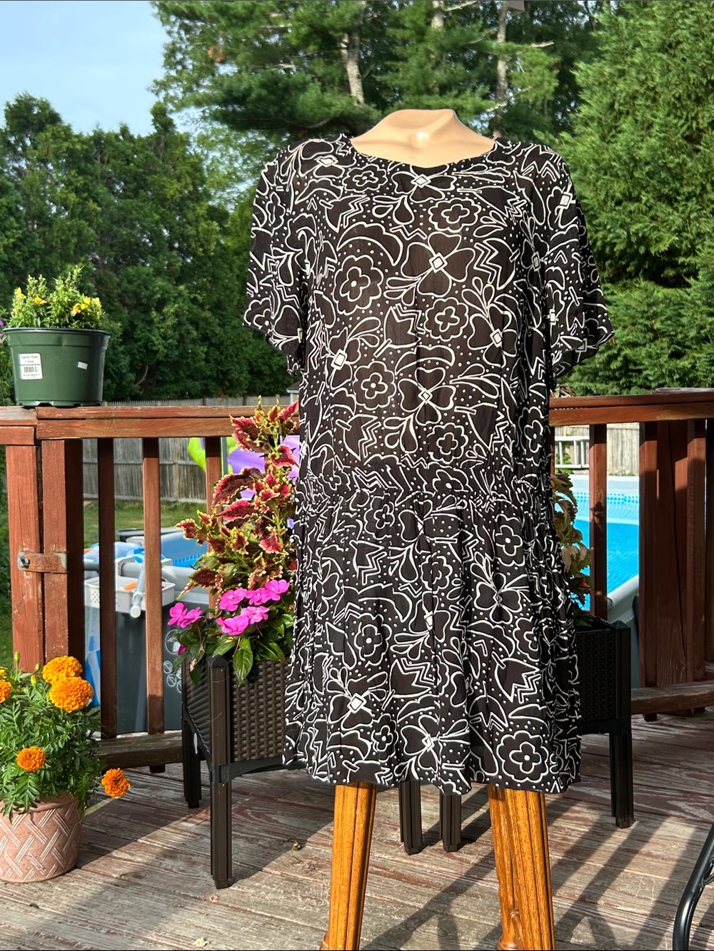 Gudrun Sjoden Black Floral Print V-Neck Sheer Dress- Medium- Drop Waist - Flirty